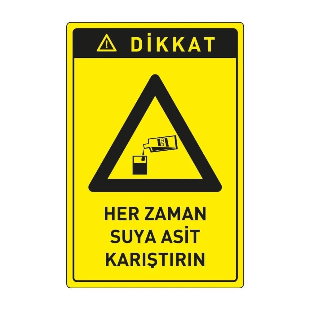 Dikkat Her Zaman Suya Asit Karıştırın Levhası